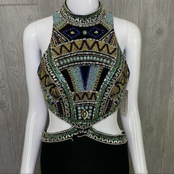 Nwt envious couture beaded rhinestone dress / gown prom formal sleeveless dress - Picture 2 of 16
